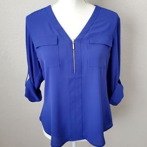 Express Portofino Shirt NWT Royal Blue Zip V-Neck Roll Sleeve Blouse Top Size S